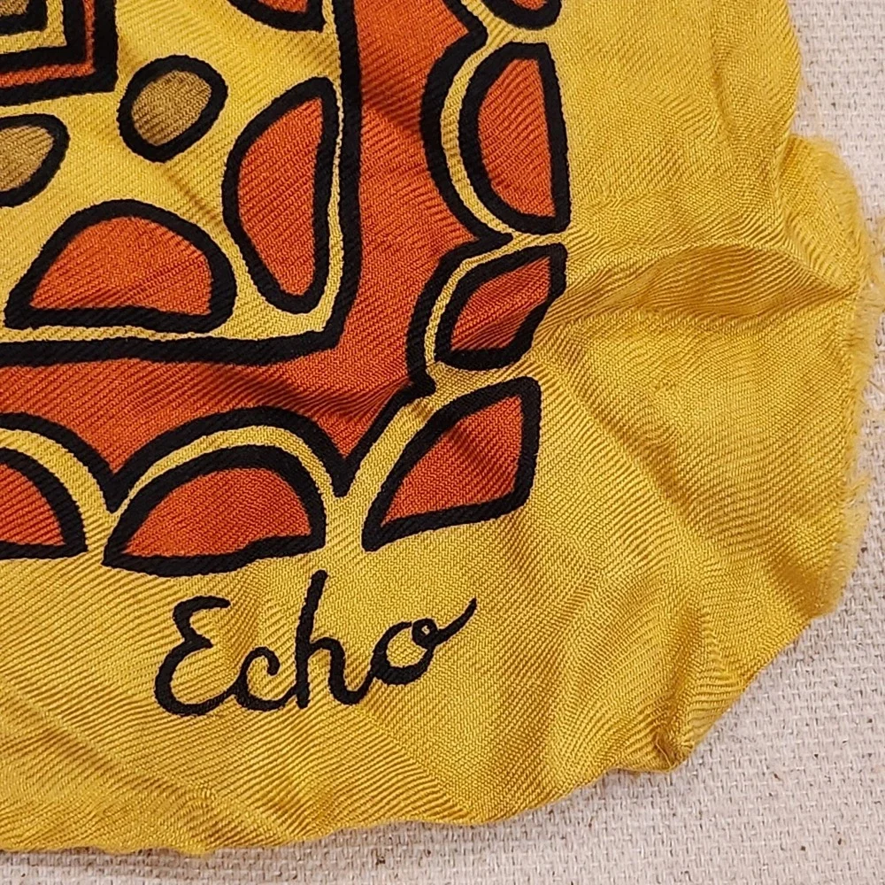 Vintage Echo Silk Scarf Yellow Orange Tribal Geometric Aztec Square Neck Scarf